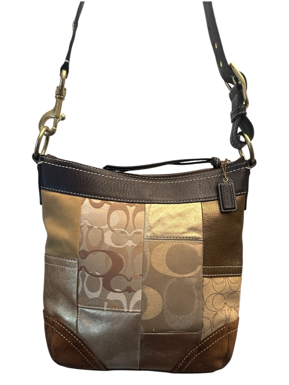 Coach Hobo Patchwork Signature Crossbody in Brown and Gold Tones - Picture 4 of 11